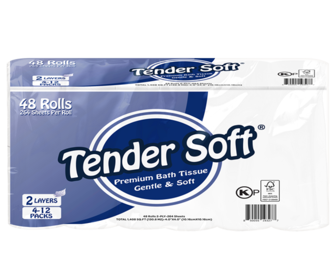 Tender Soft Premium Bath Tissue, 2-ply, 4" x 4", 264 Sheets, 48 ct