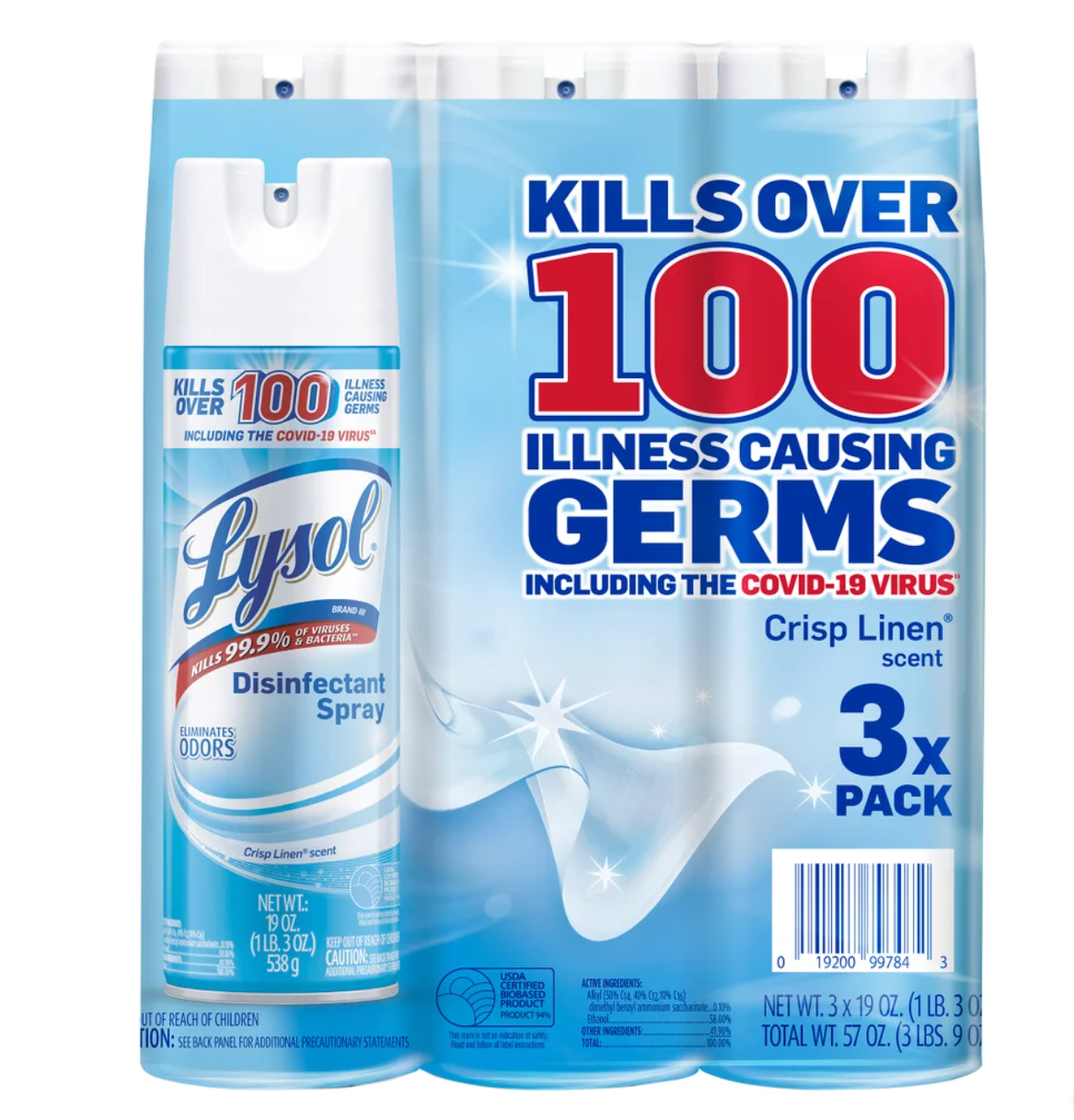 Lysol Disinfectant Spray, Crisp Linen, 19 oz, 3-count