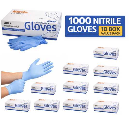 Nitrile Disposable Gloves 10 Boxes– Powder Free (1000 PCS, Grade A)